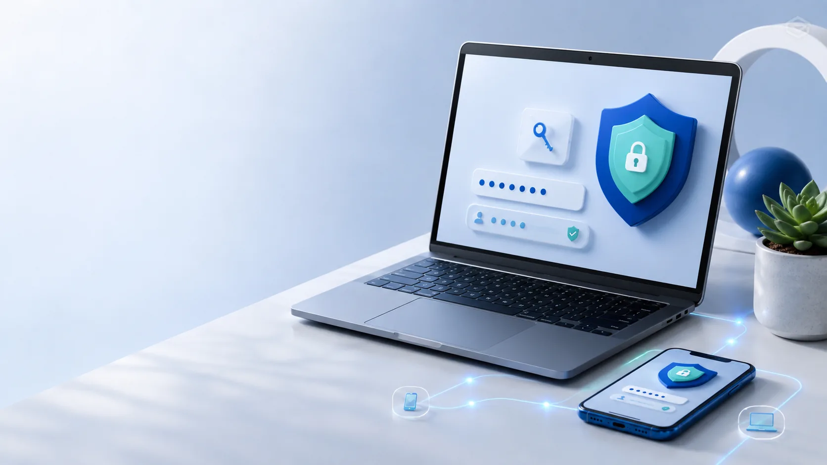 A laptop and phone protected by password, passkey, and multifactor authentication symbols