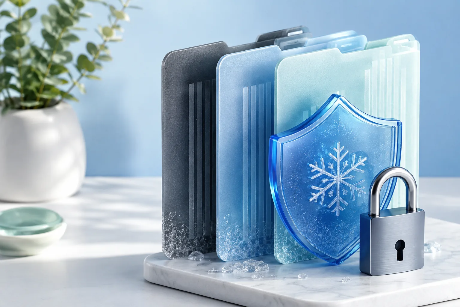 Three frozen credit-file folders protected by a shield and padlock