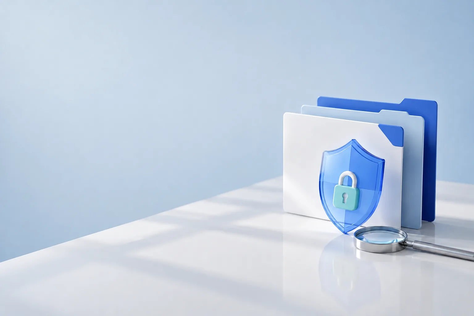 Three abstract credit-report folders protected by a shield and lock beside a magnifying glass