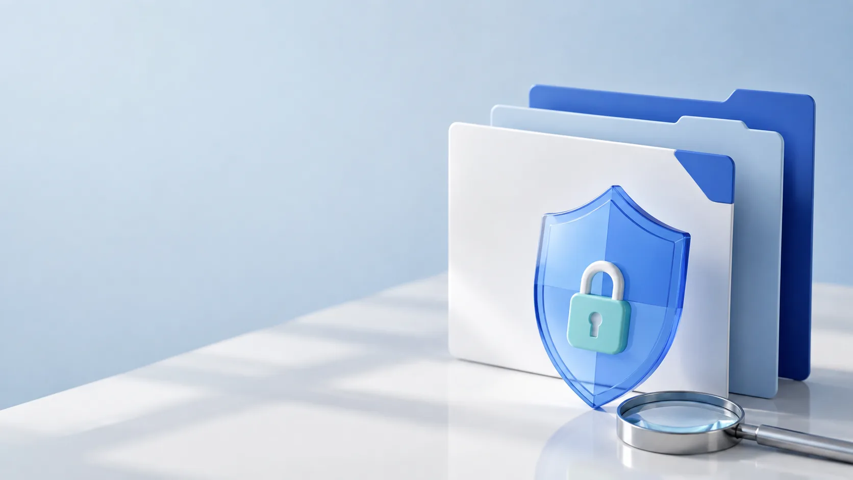 Three abstract credit-report folders protected by a shield and lock beside a magnifying glass