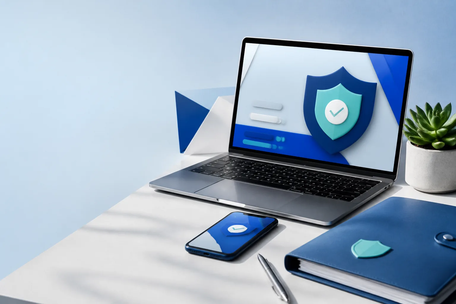 A calm workspace with a laptop and phone displaying abstract security symbols