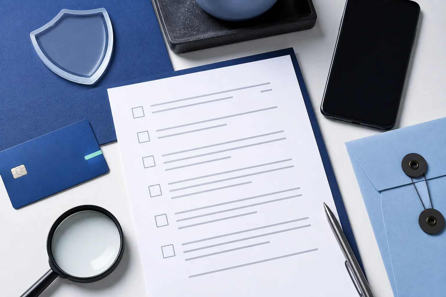 An organized identity theft response checklist on a desk