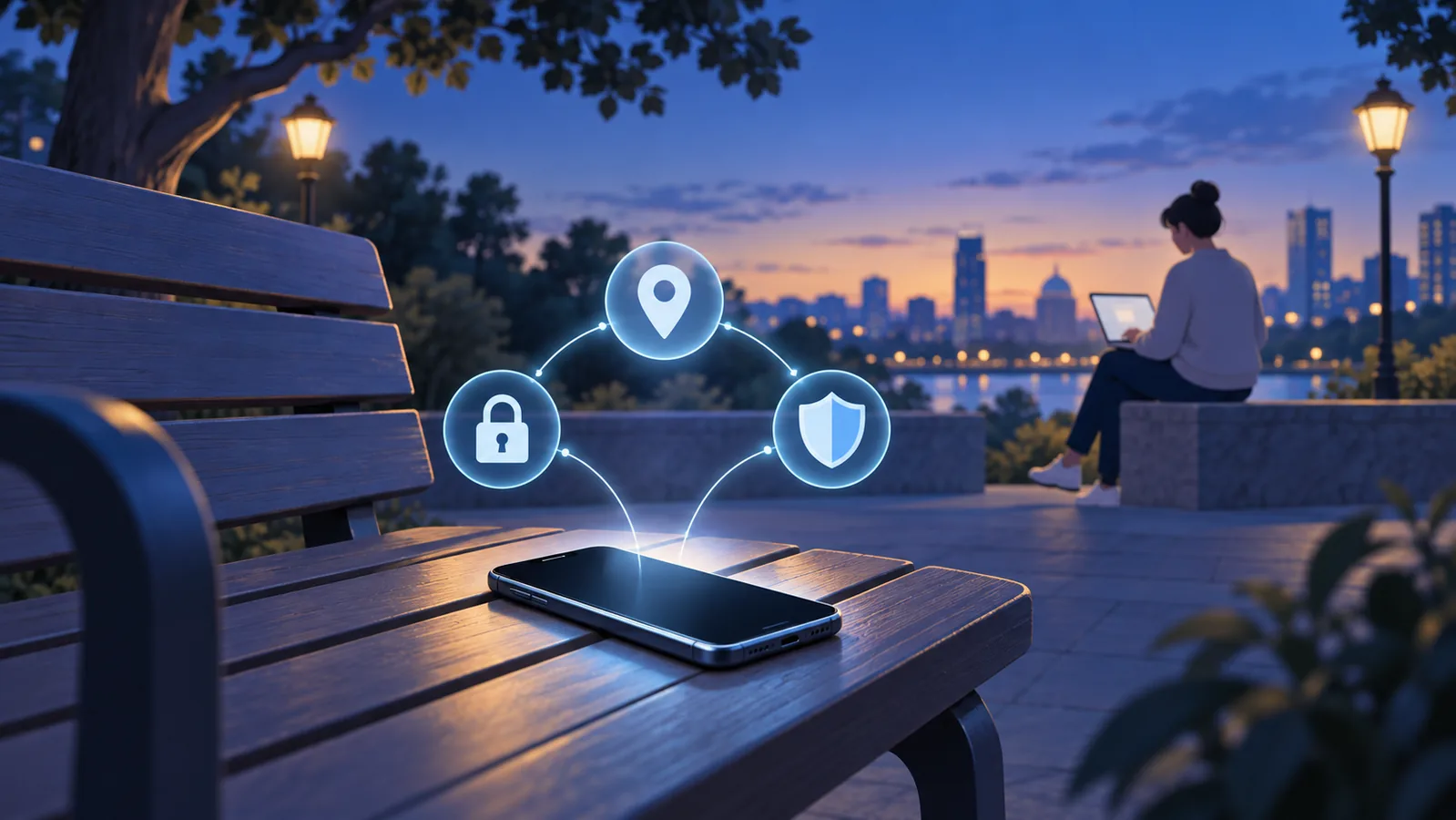 Illustrated missing smartphone protected by a lock and location shield while its owner responds from a safe distance