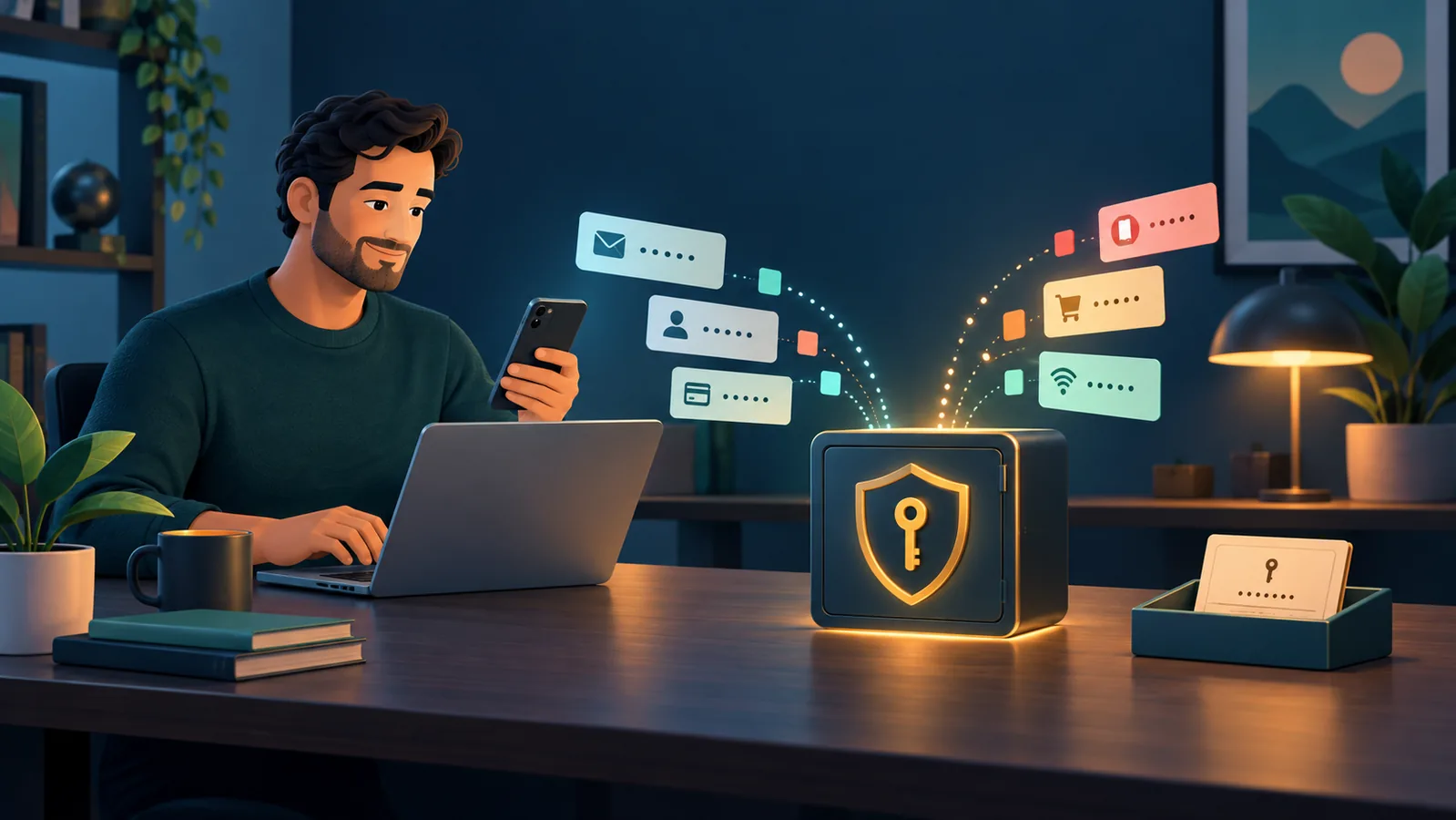 Person organizing unique account credentials in a protected digital vault across a laptop and phone