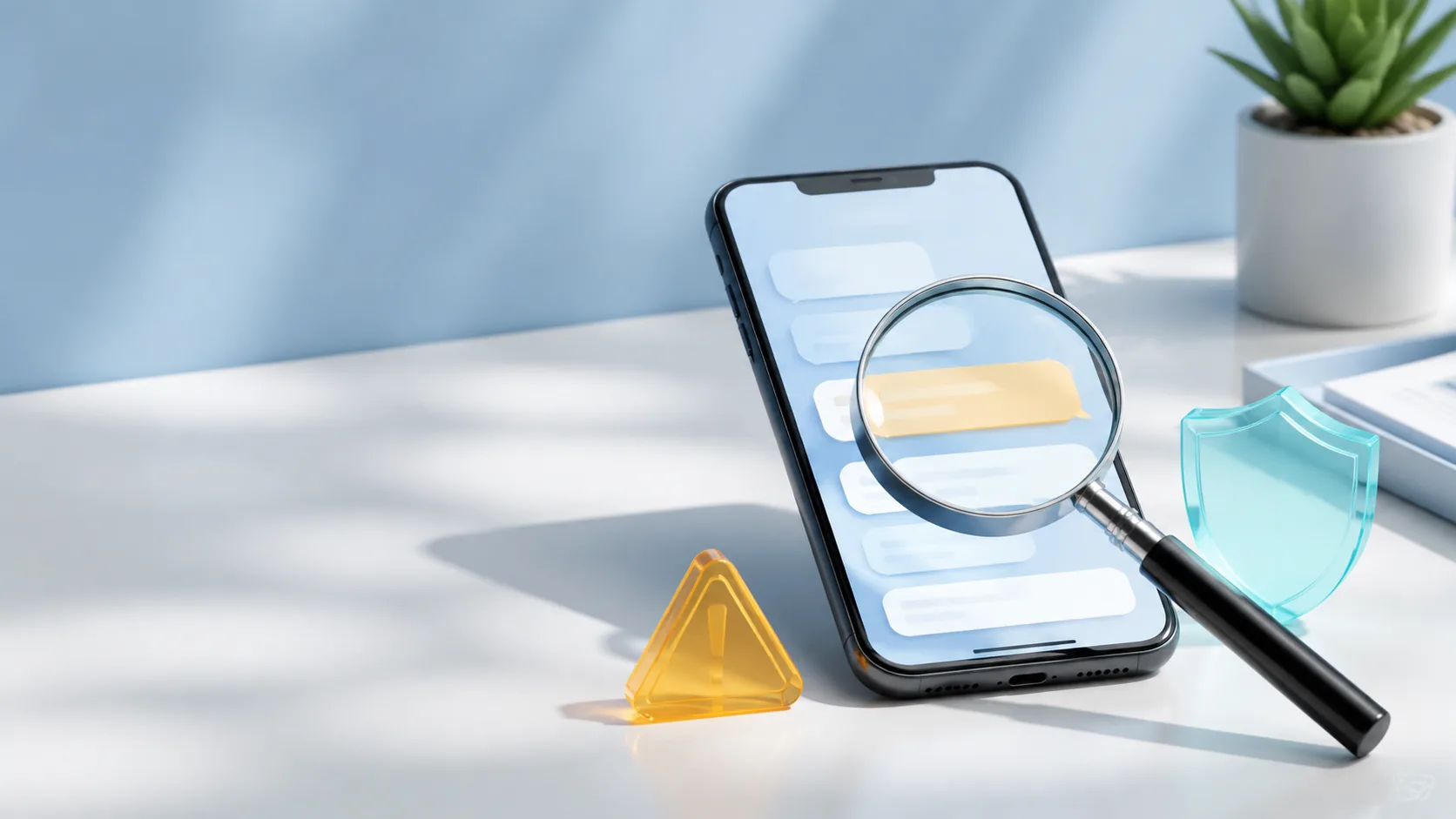 A magnifying glass inspecting a suspicious phone message beside a warning and shield