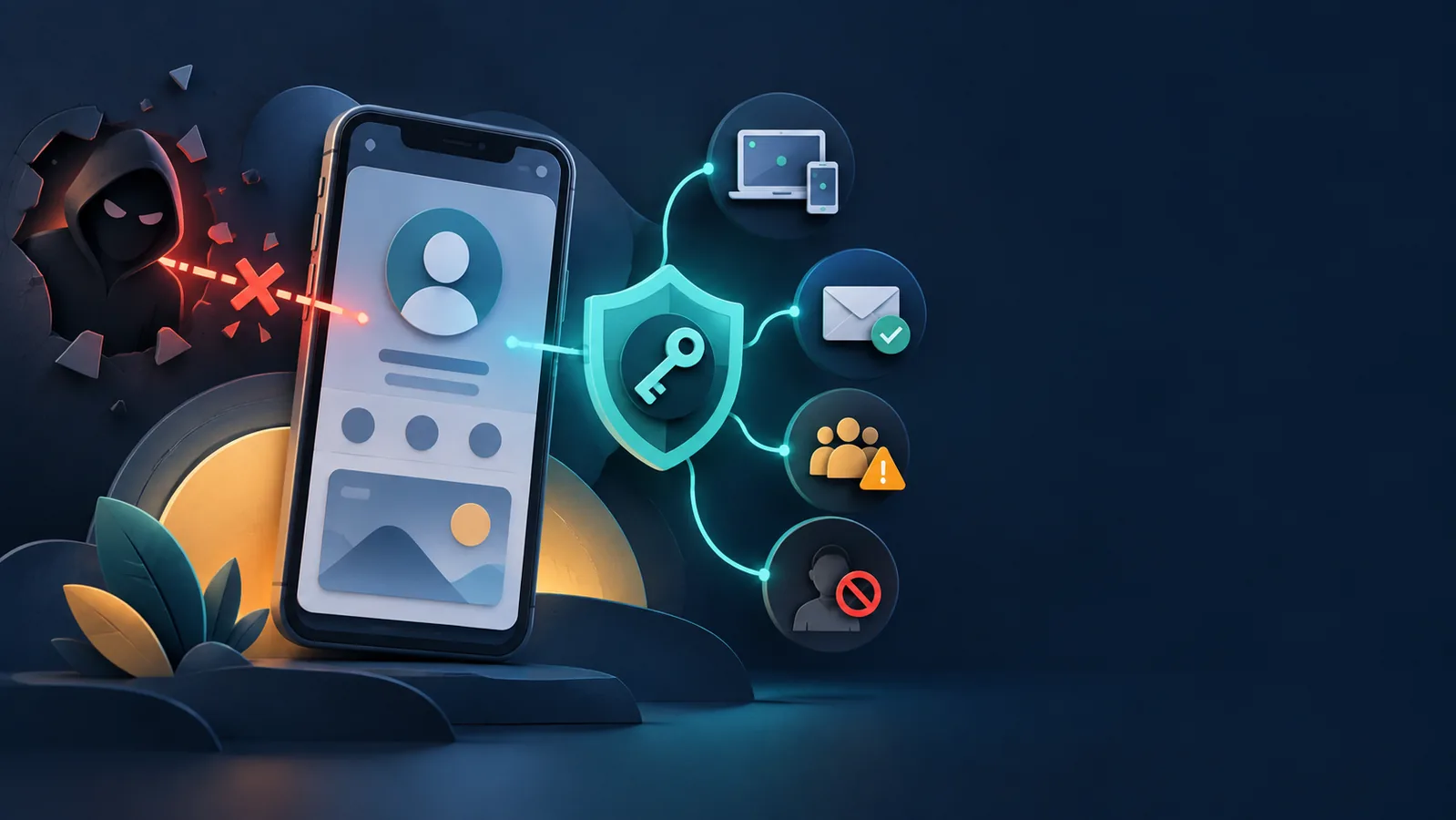 Illustrated phone profile being reconnected to a protective shield after an account takeover