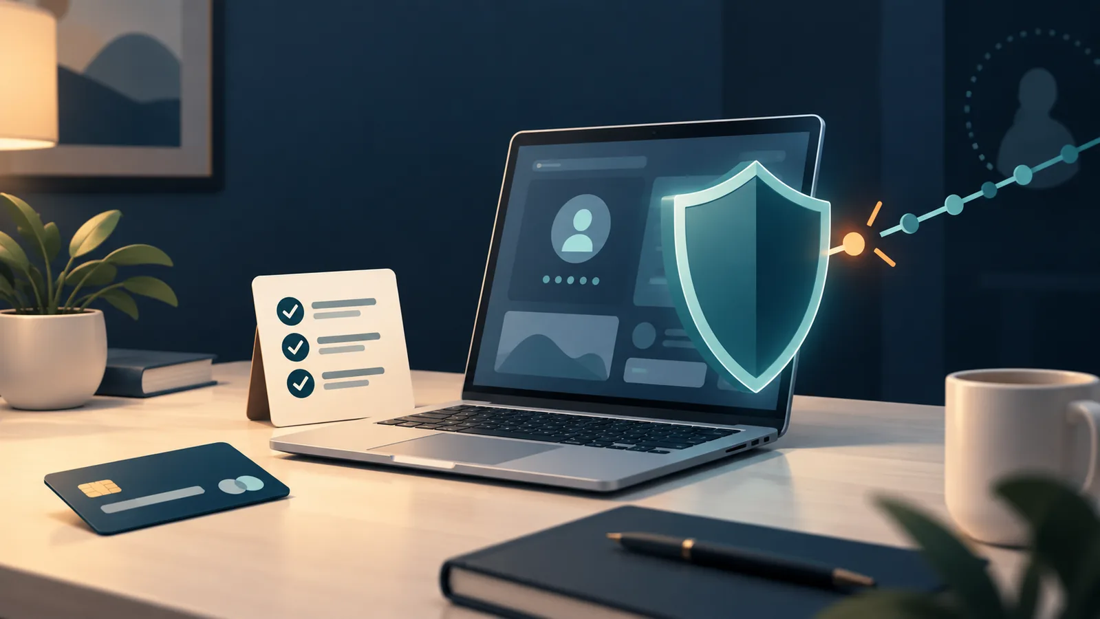 Illustrated laptop with a disconnected remote-access link and a protective shield