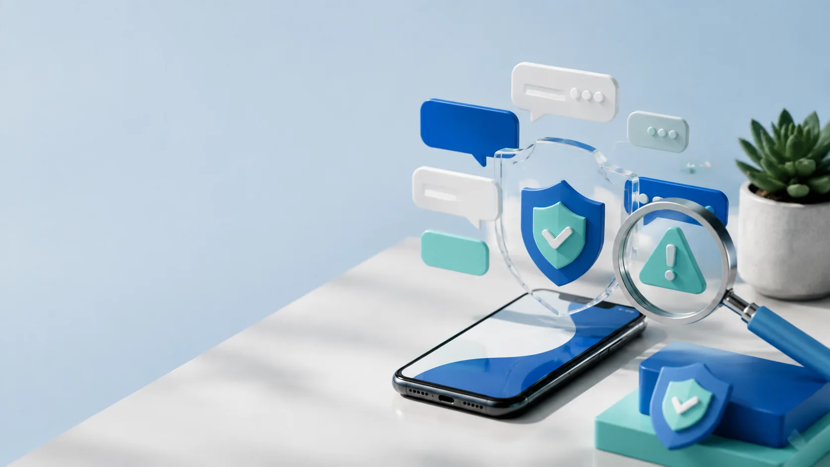 A magnifying glass checking a warning symbol among message bubbles protected by a shield