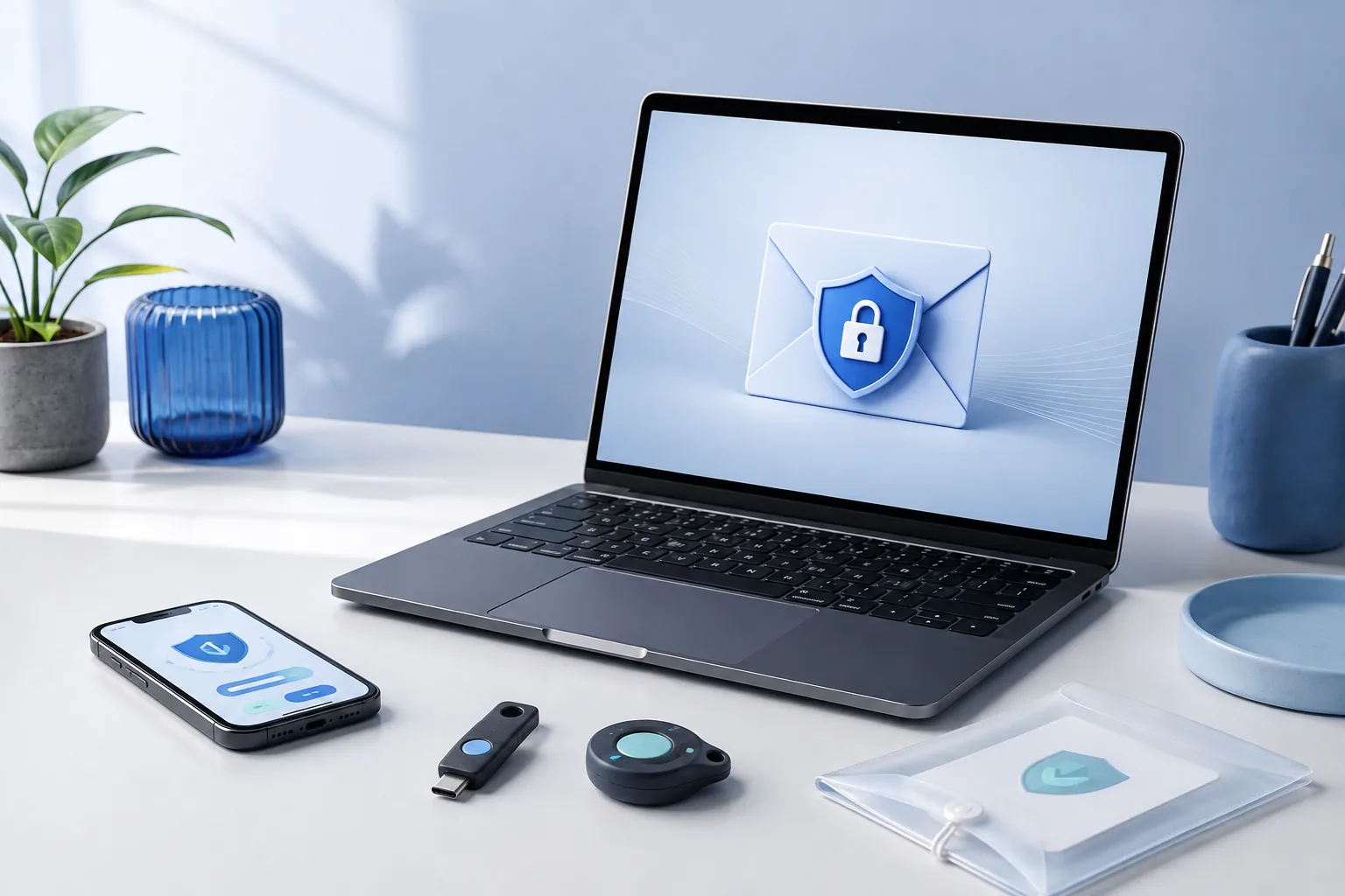 A laptop and phone with email, passkey, and authentication security objects