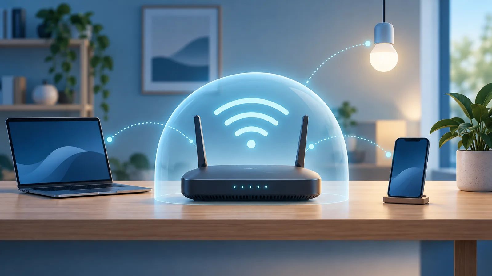 Illustrated home Wi-Fi router and connected household devices protected by a translucent shield